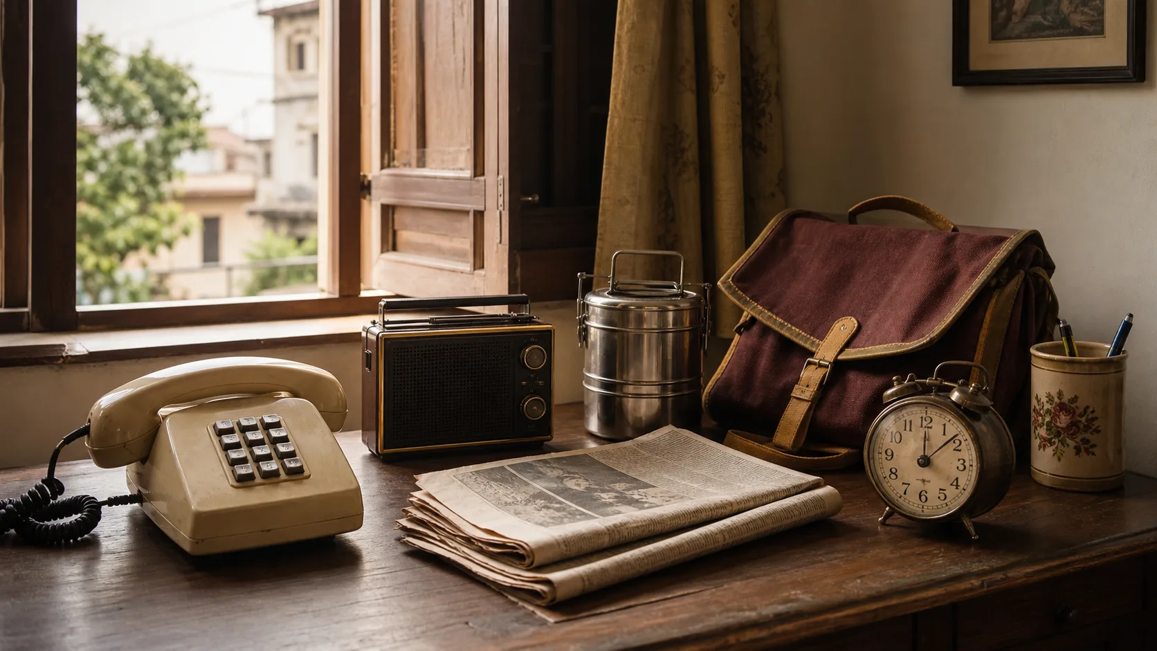 A late 1990s Indian morning with a landline, radio, tiffin, school bag and alarm clock