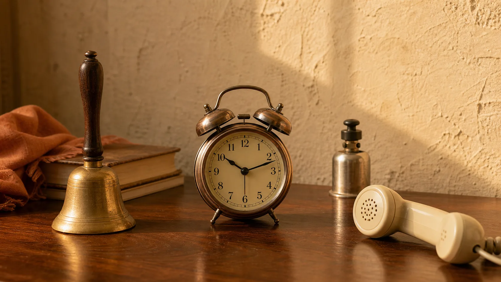 Vintage alarm clock with a brass bell, landline receiver and pressure cooker whistle