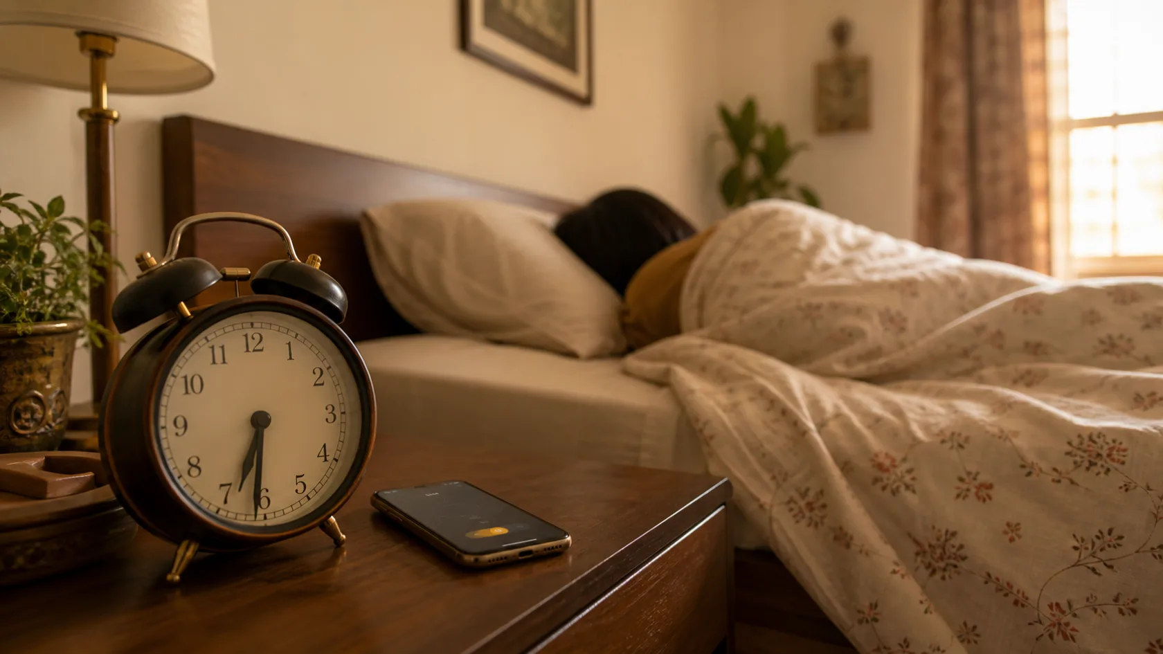 A vintage alarm clock and smartphone in a warm bedroom at sunrise