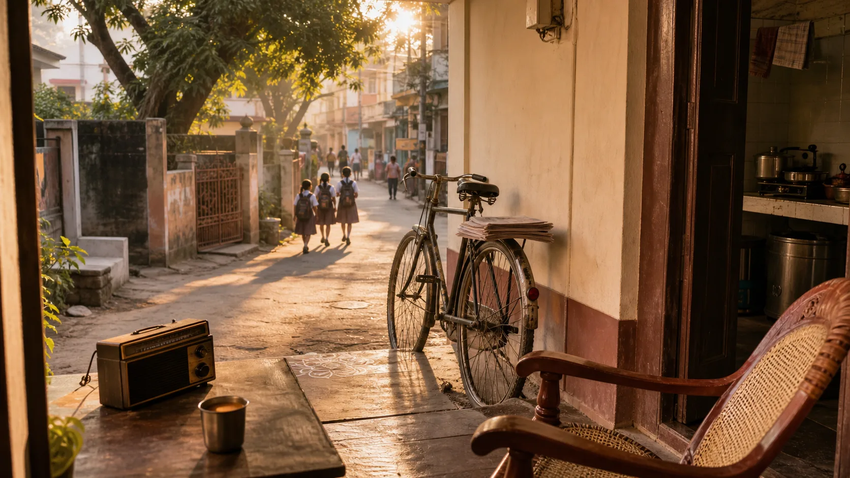 A late 1990s Indian morning with a radio, bicycle, newspapers and schoolchildren