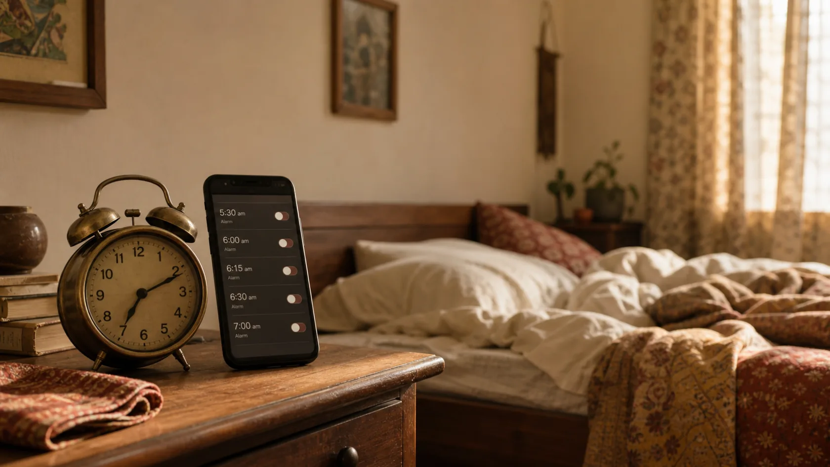 A vintage alarm clock and a phone with several alarms beside an unmade bed