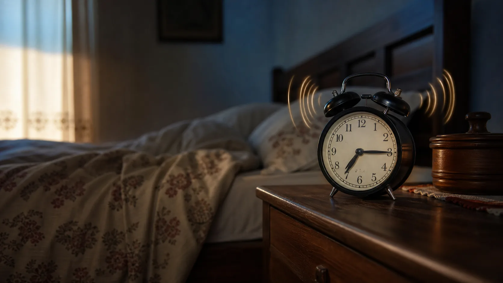 A vintage alarm clock ringing beside a bed in the early morning