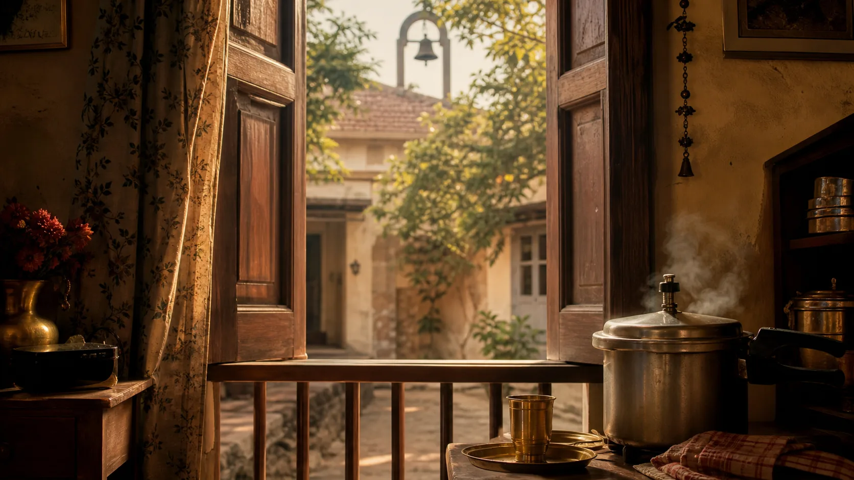 A retro clock beside objects that suggest familiar Indian morning sounds and memory