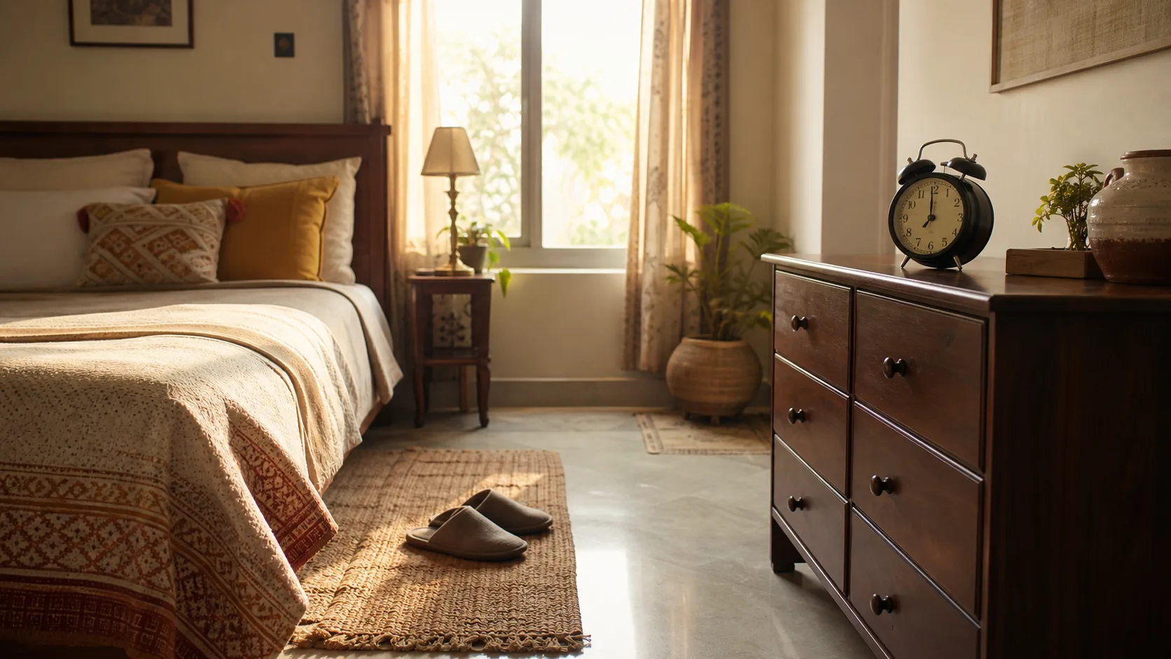 An alarm clock placed across a warm bedroom with slippers beside the bed